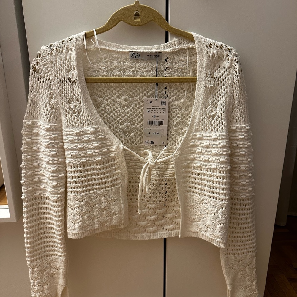 Zara White Knit Crochet Cardigan